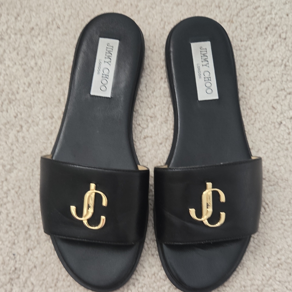 Jimmy Choo Black and Gold Slide Sandals